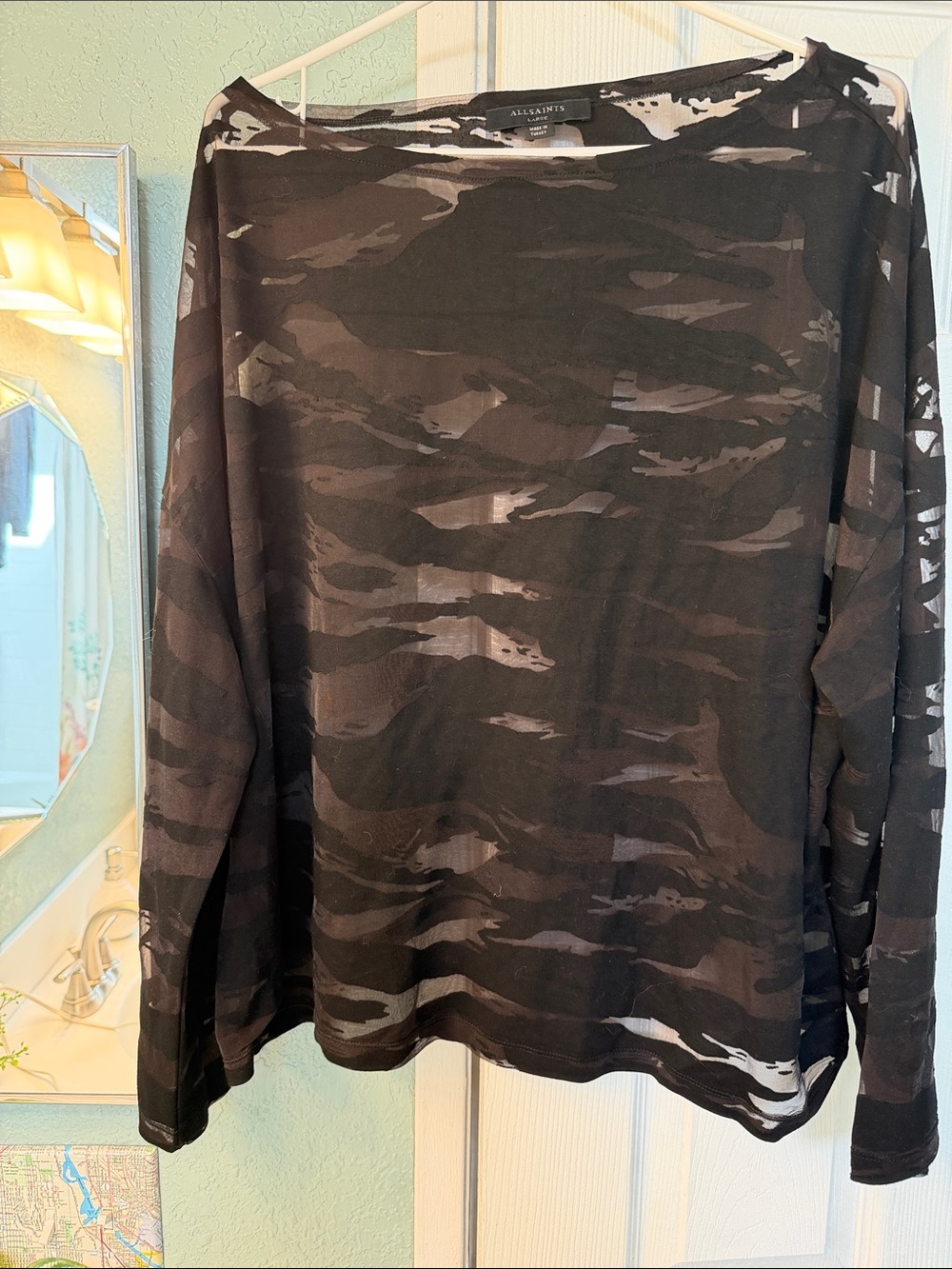 All Saints Womens’ Sheer Black Camouflage Long-Sleeve Tunic